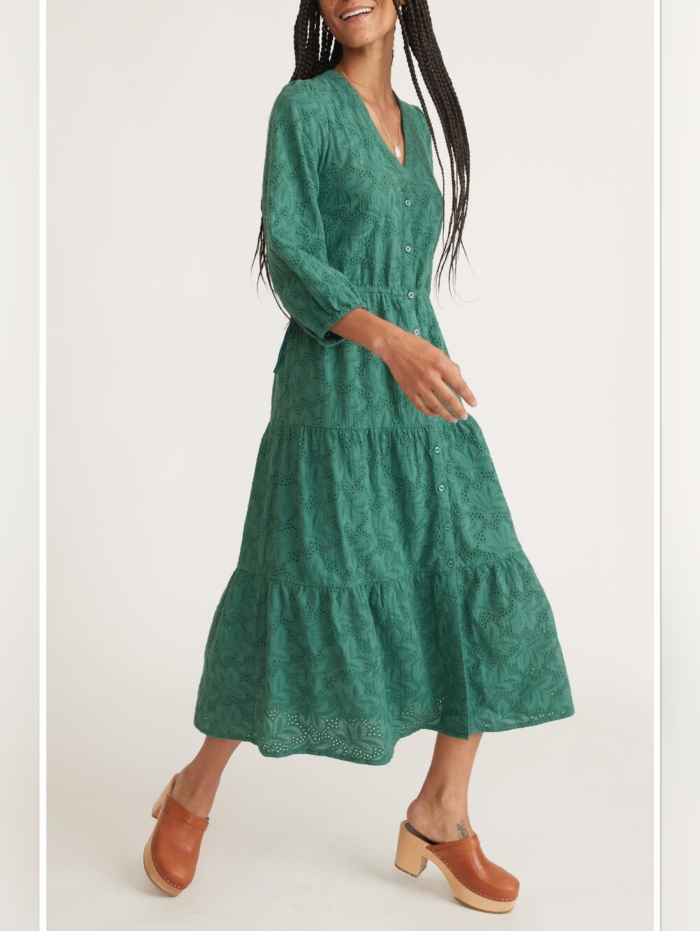 Marine Layer Willow Eyelet Midi Dress Smoke Pine Green Boho Cottagecore S